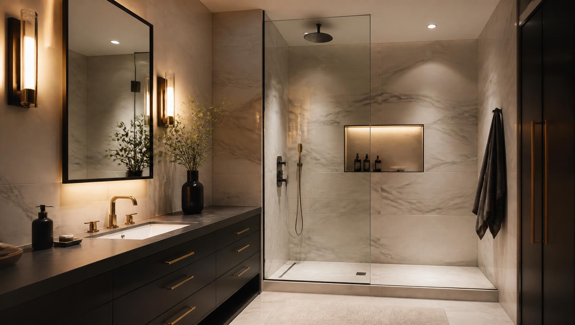 Baño moderno con paredes de azulejo tipo mármol y ducha de vidrio