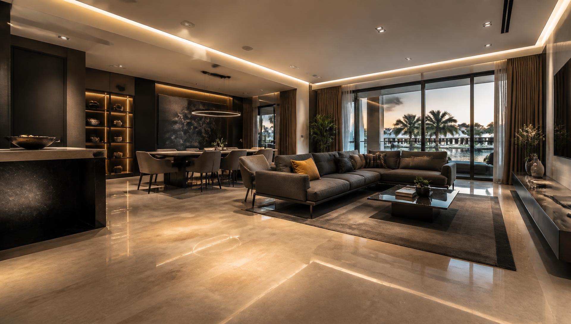 Sala de estar con piso de porcelanato pulido instalado profesionalmente